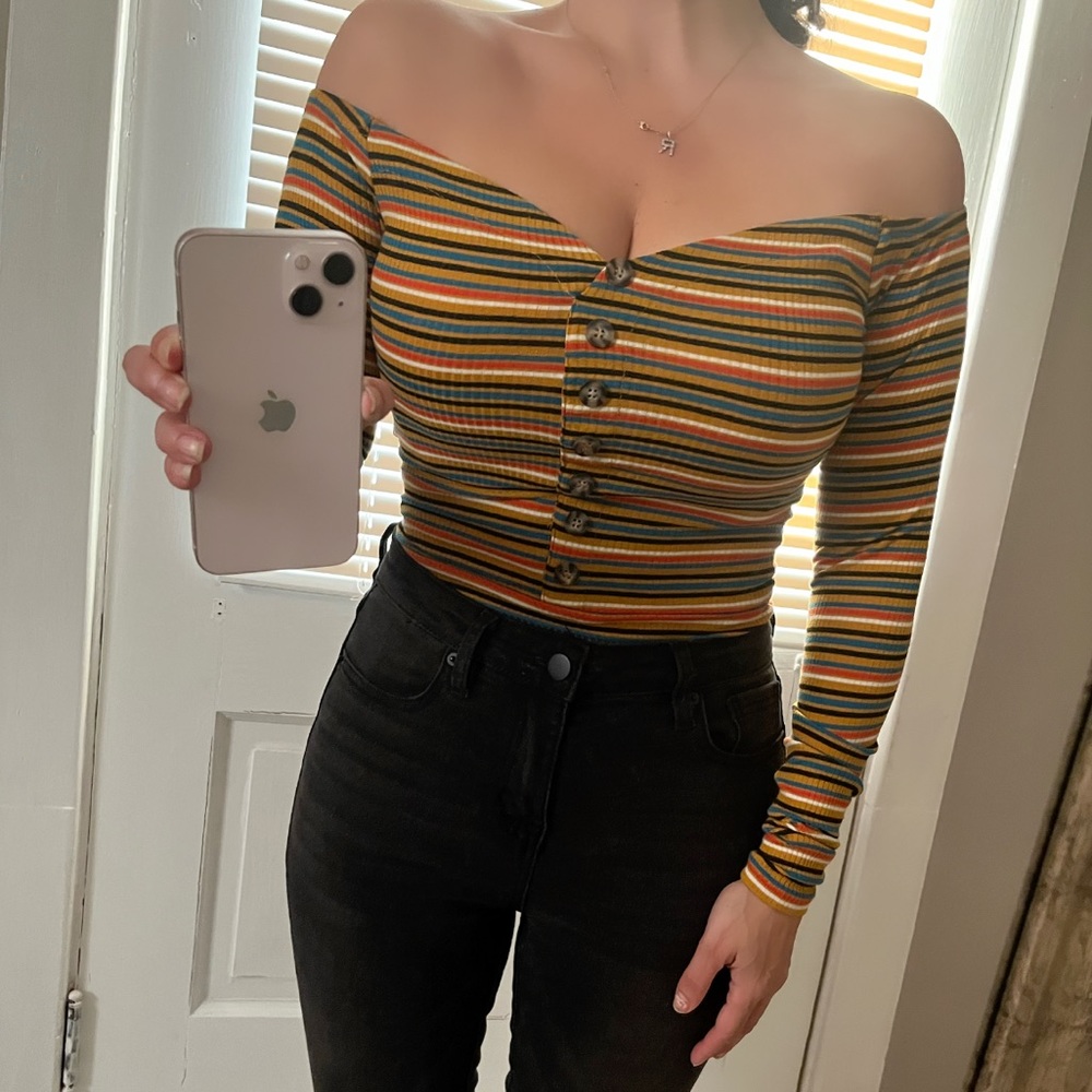 💐Off the shoulder striped bodysuit long sleeve top autumn fall colors